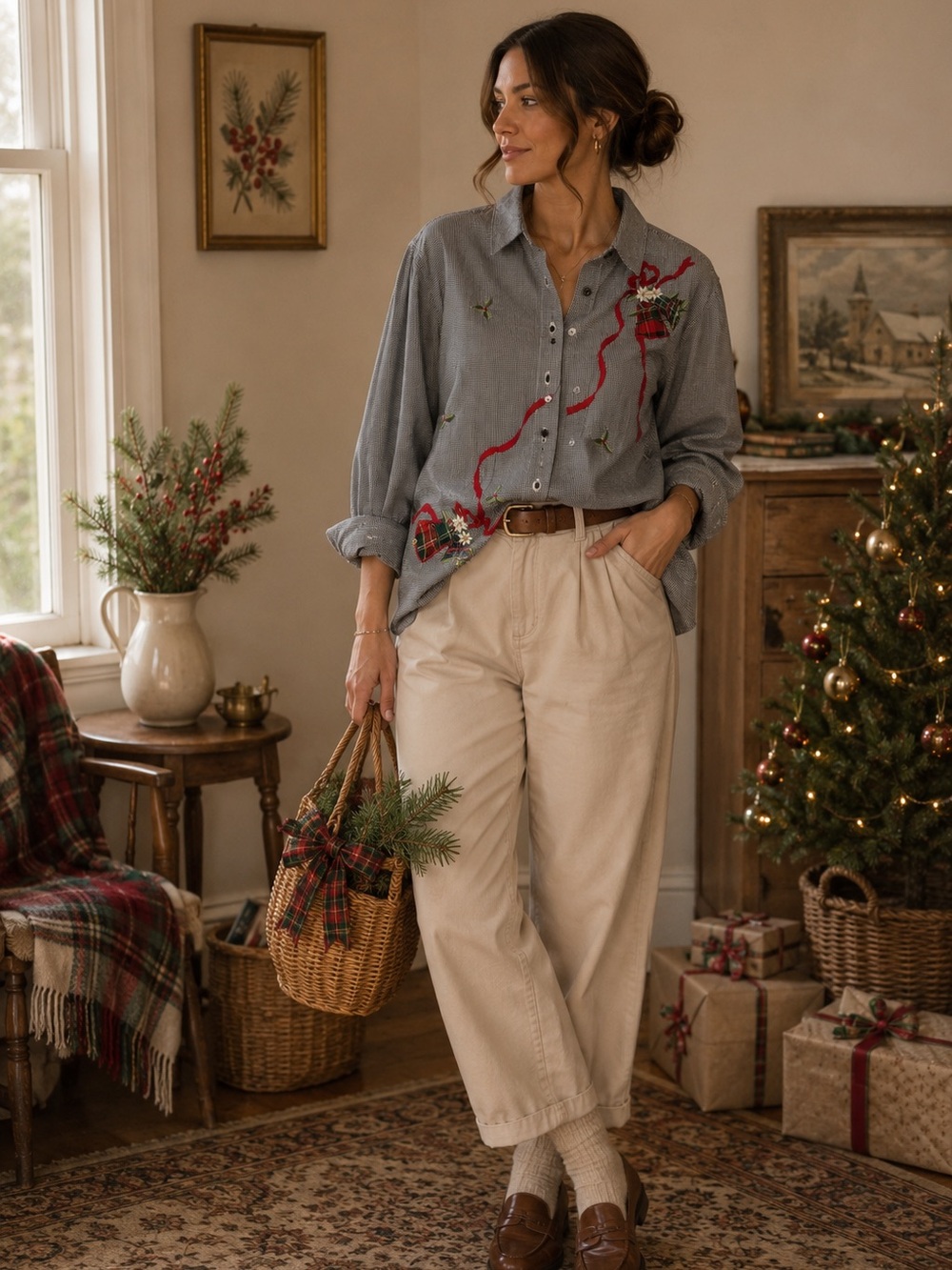 Embroidered Christmas Grandma Gray Ribbon-Detail Button-Up Blouse